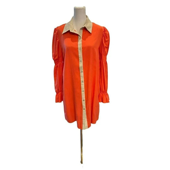 Margo Baridon Sienna Mini Shirt Dress Size Small Orange Puff Sleeve $298 - Picture 5 of 14